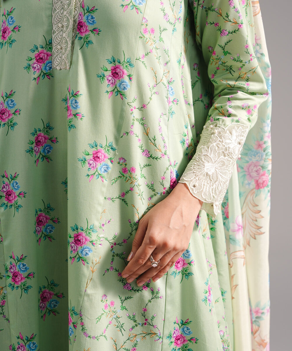 Women's RTW Cotton Satin Embroidered Mint Green 3 Piece Suit