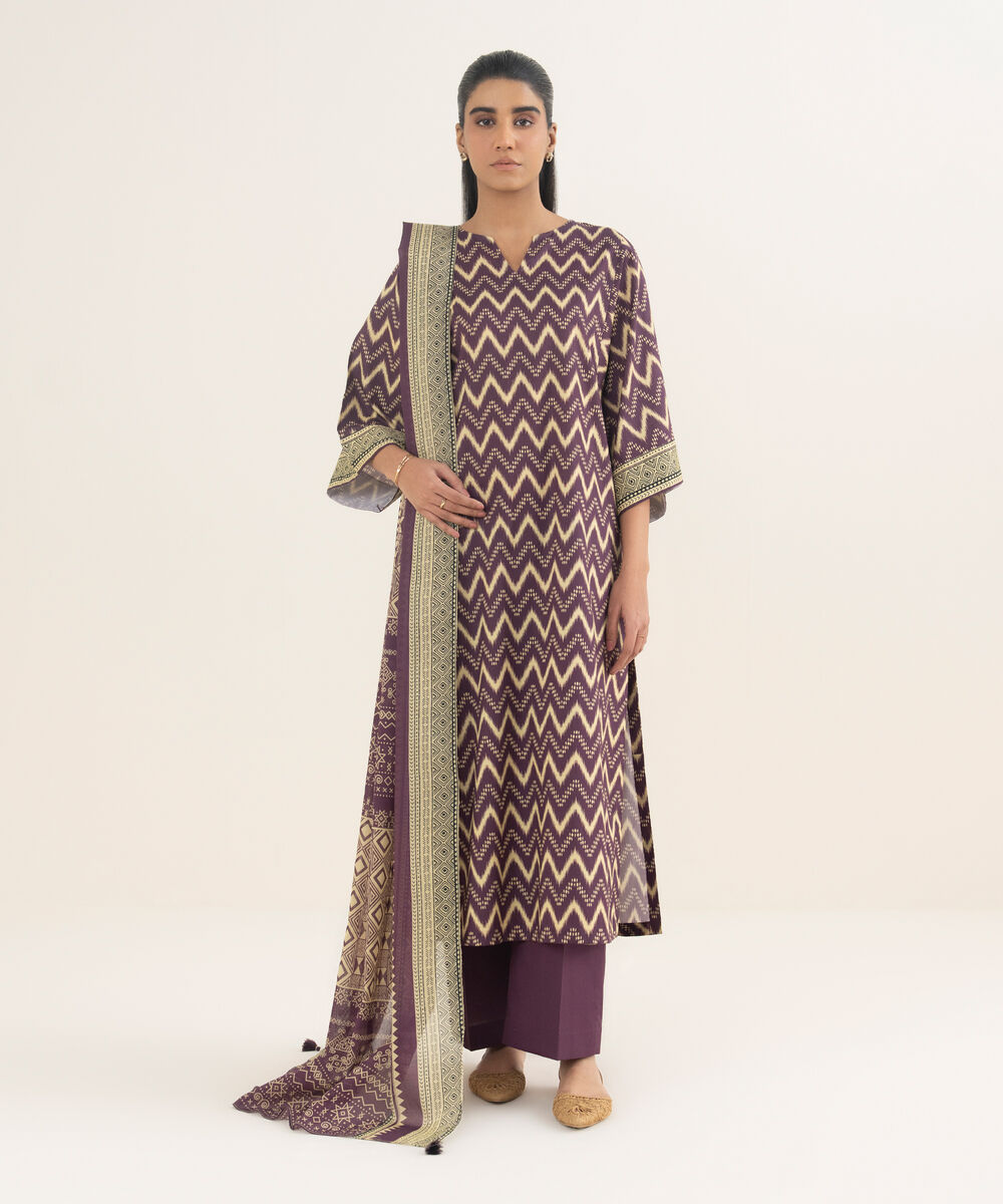 Women's Unstitched Lawn Printed Purple 3 Piece Suit