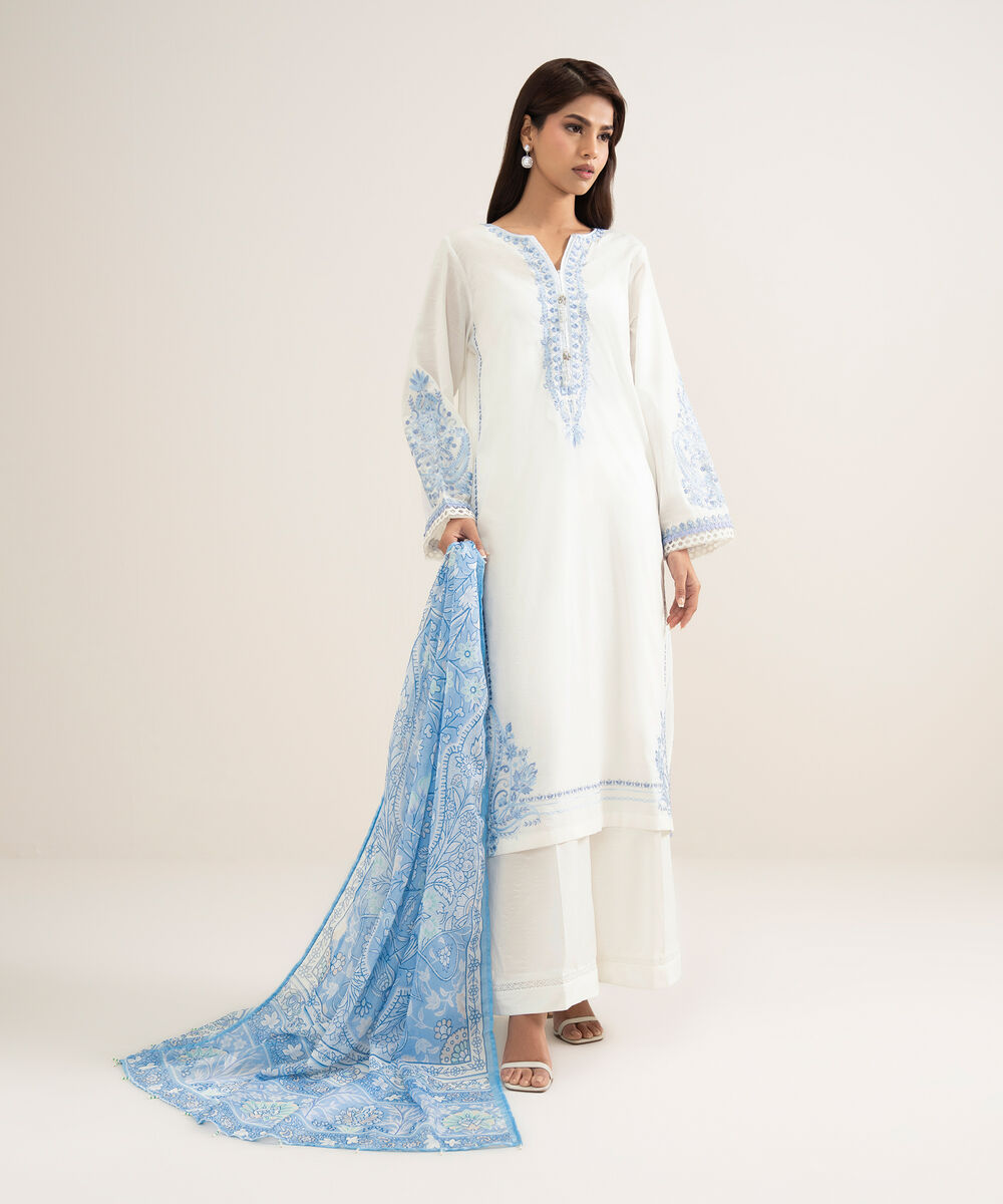 Women's RTW Self Jacquard Embroidered White A-Line Shirt