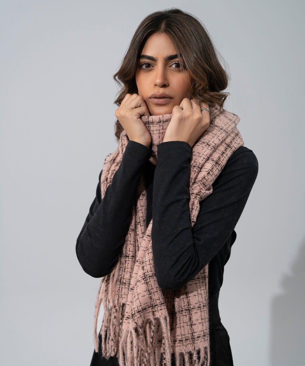 Women's Western Wear Pink Polyester Checkered Woolen Scarf