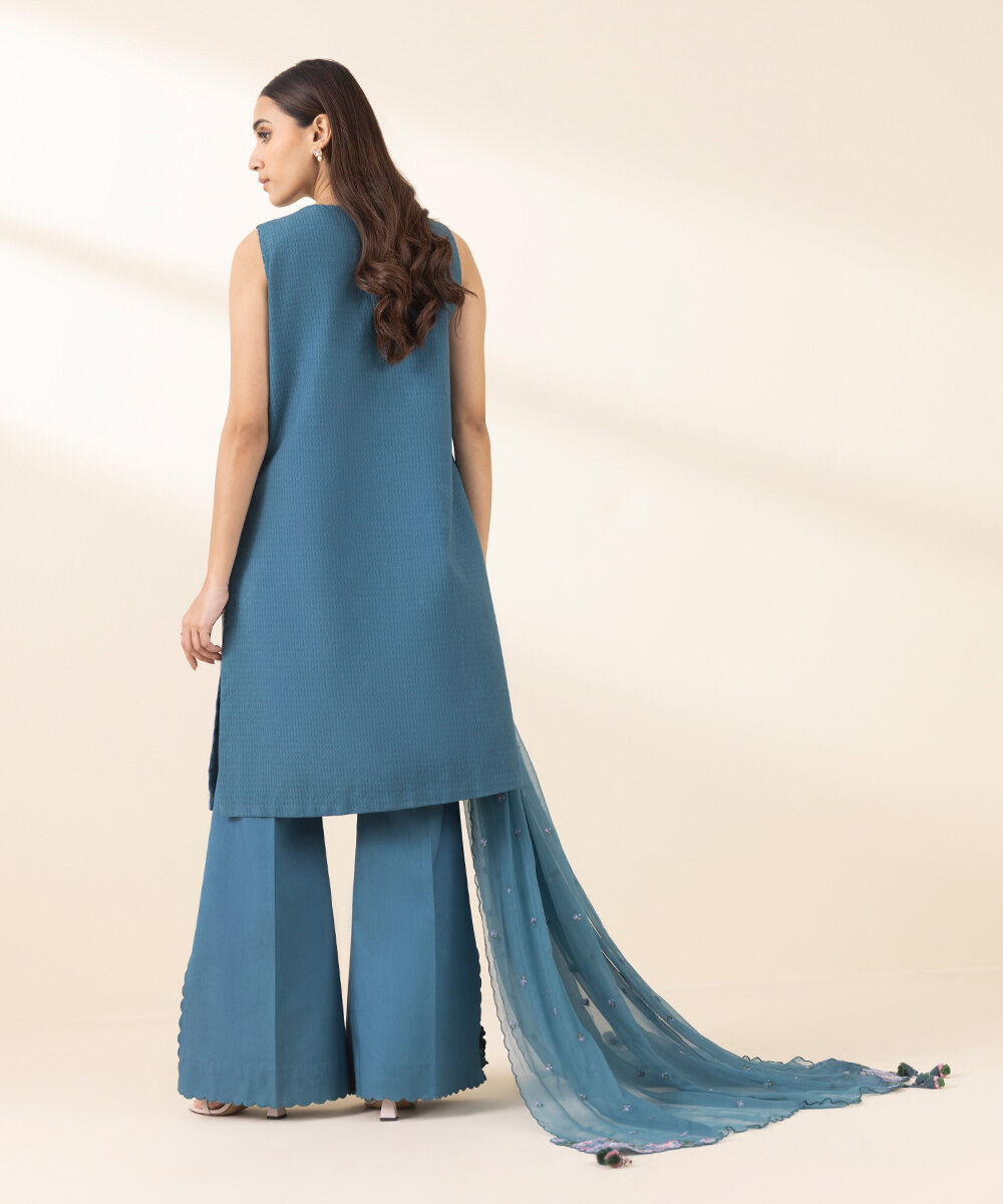 Unstitched Women's Embroidered Dobby Blue Three Piece Suit