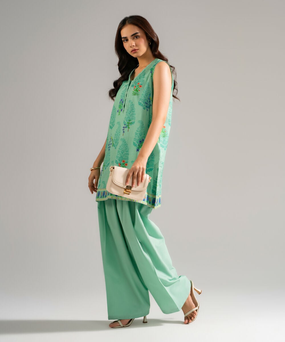 Women's RTW Slub Lawn Printed Seafoam Green Straight Shirt