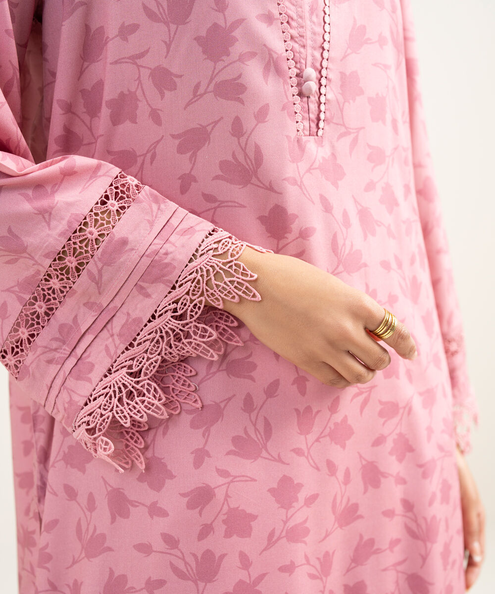 Women's RTW Arabic Lawn Printed Pink Straight Shirt