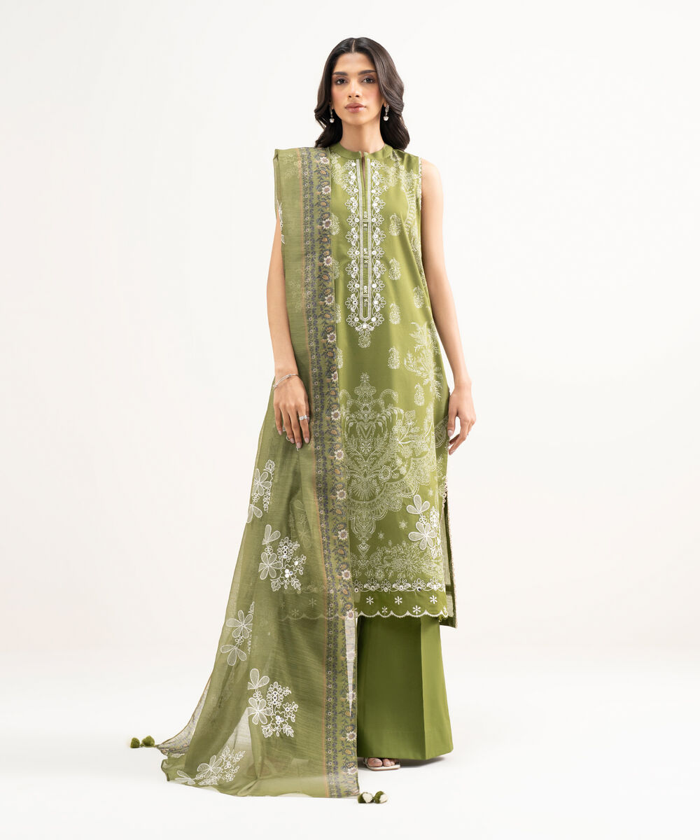 Women's Unstitched Lawn Embroidered Green 3 Piece Suit