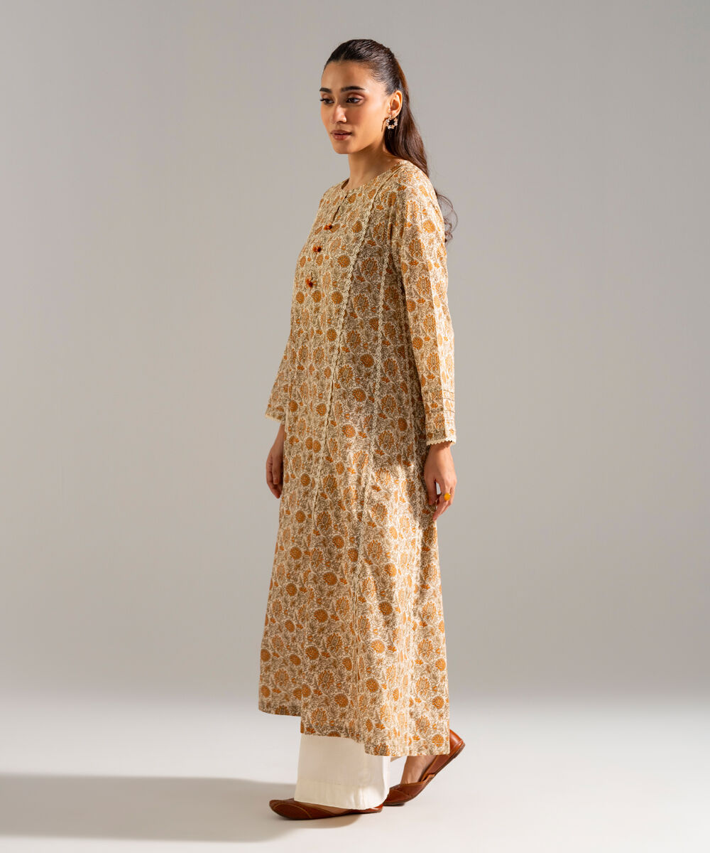 Women's RTW Slub Lawn Printed Beige A-Line Shirt