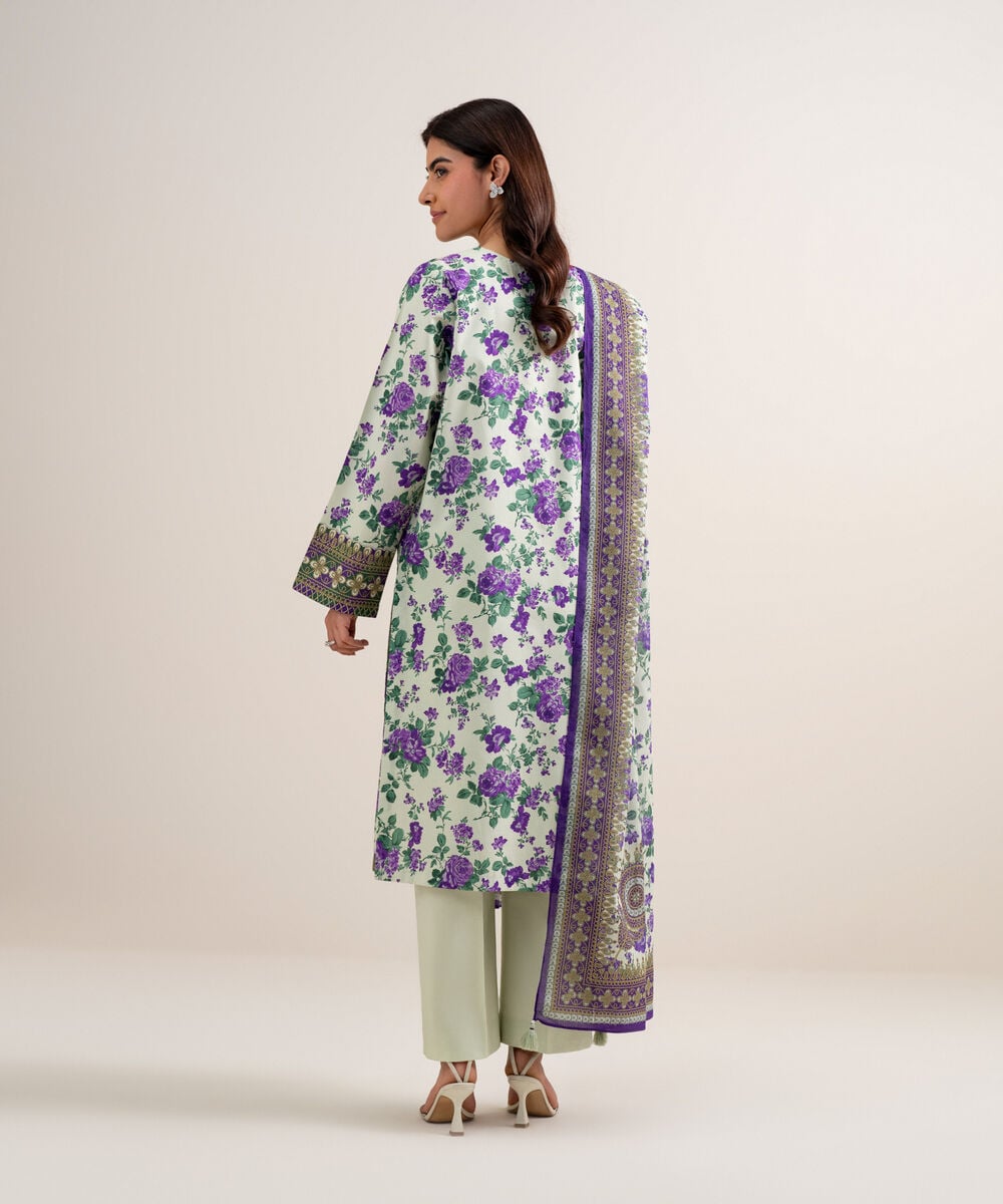 Women's Unstitched Lawn Embroidered Off White and Purple 3 Piece Suit