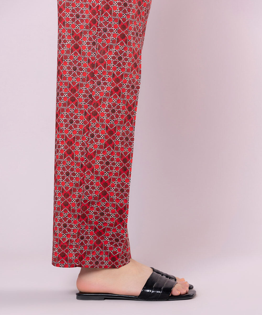 Women's Pret Cotton Viscose Printed Red Straight Pants