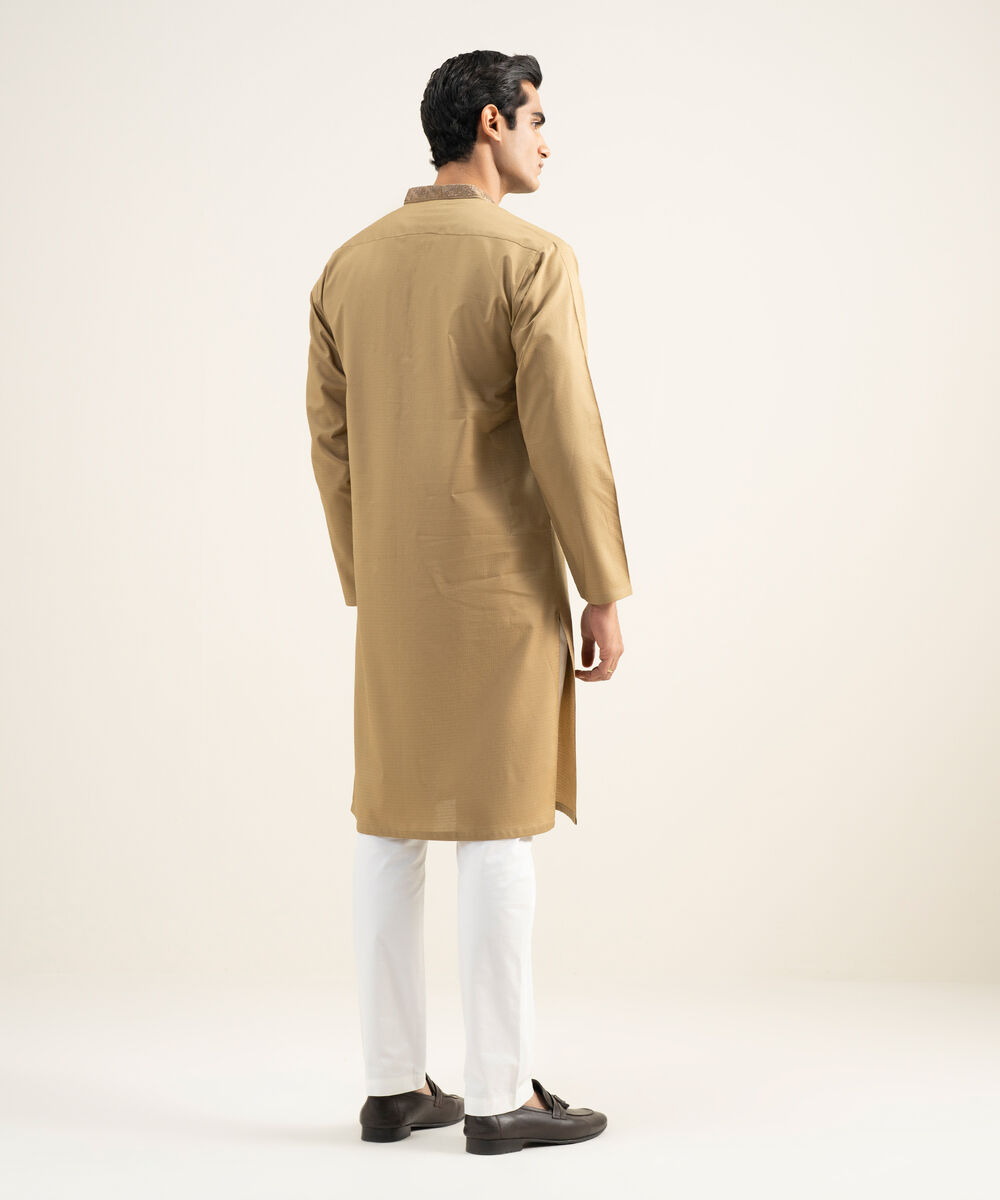 Men's Stitched Cotton Jacquard Khaki Kurta
