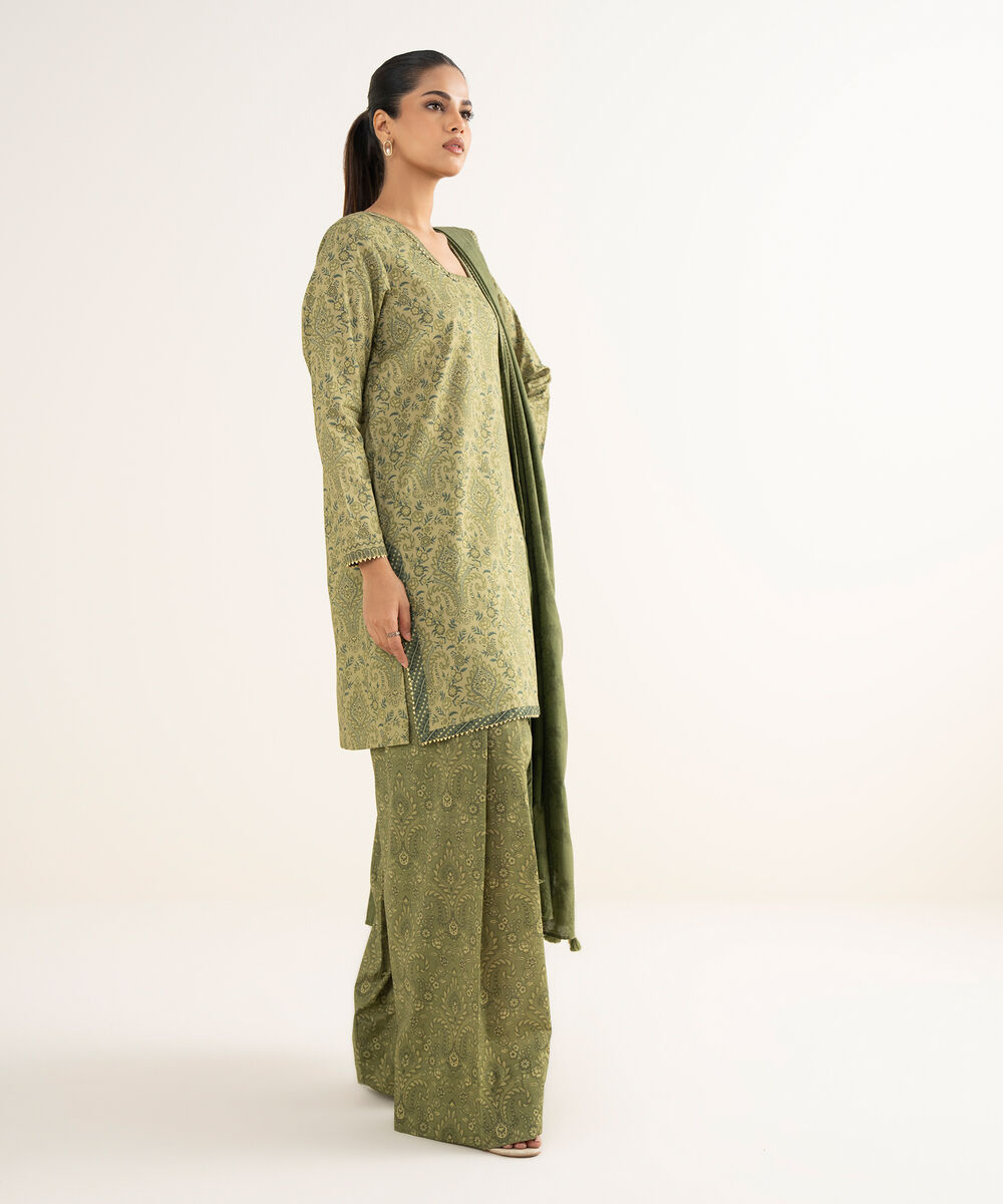 Women's Unstitched Cross Hatch Embroidered Green 3 Piece Suit