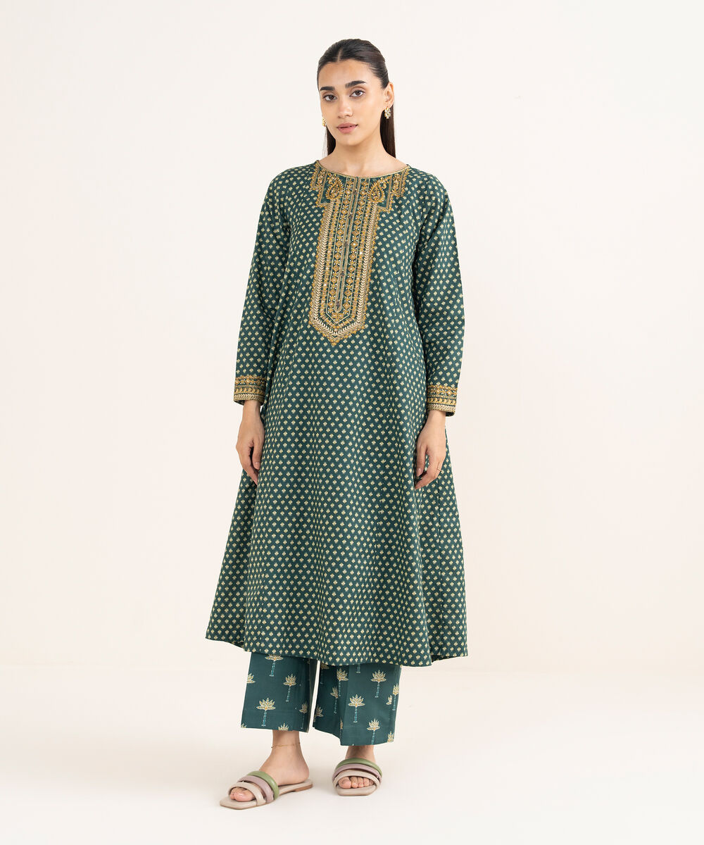 Women's RTW Cambric Green Embroidered A-Line Shirt