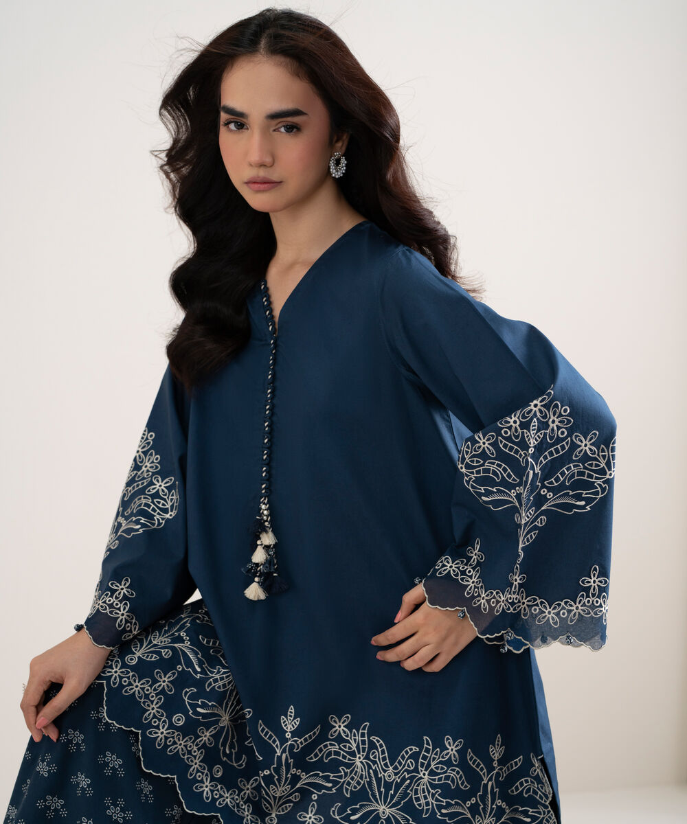 Women's Unstitched Cotton Embroidered Blue 2 Piece Suit