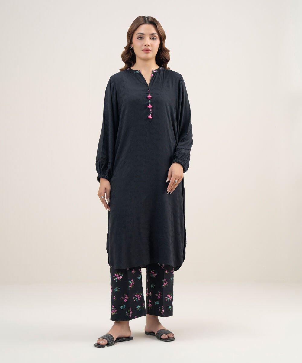 Women's RTW Arabic Self Jacquard Solid Black Straight Shirt