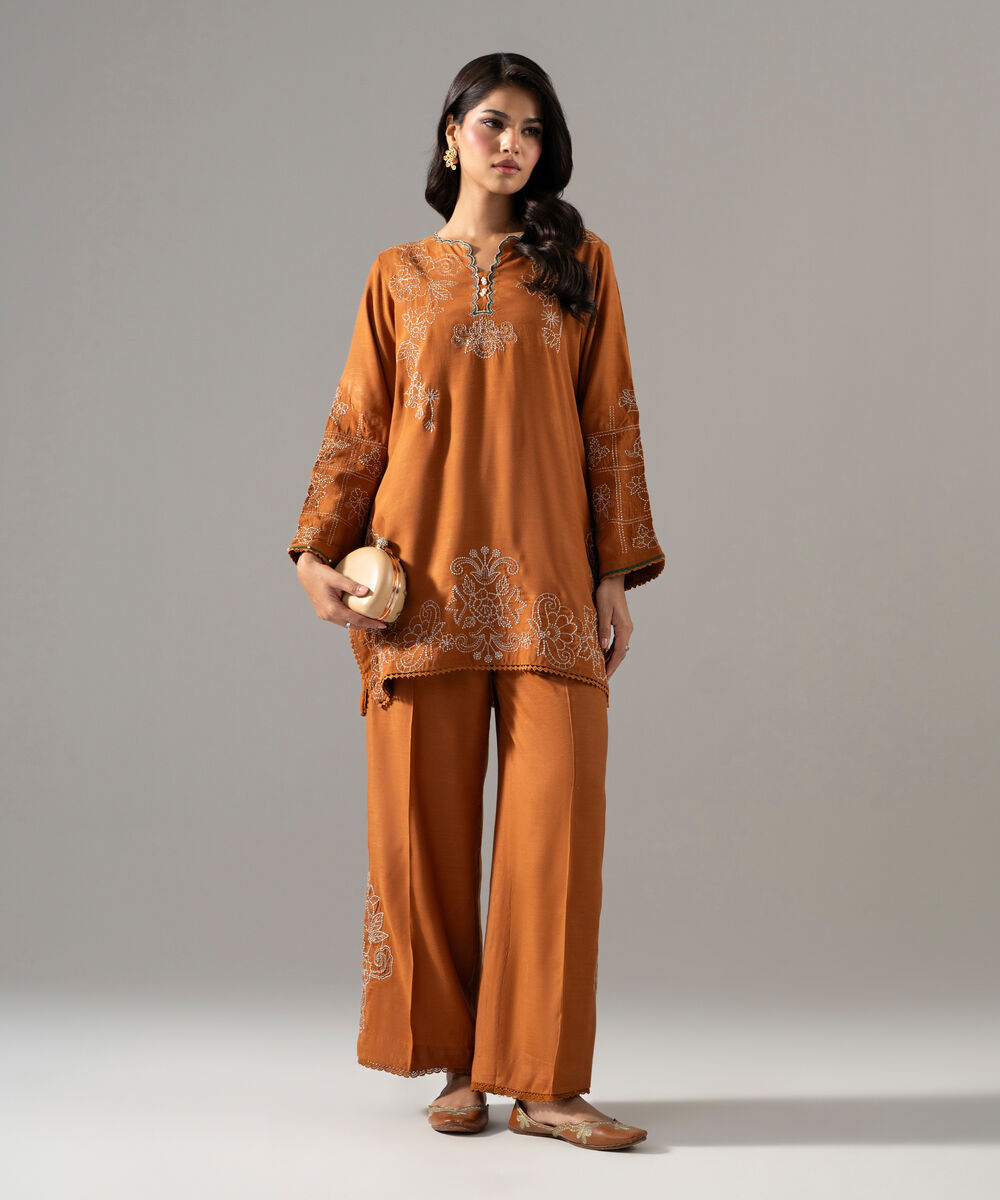 Women's RTW Viscose Raw Silk Solid Embroidered Brown 2 Piece Suit