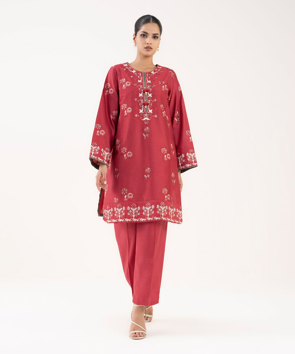 Women's RTW Silk Cotton Net Red Embroidered 2 Piece Suit