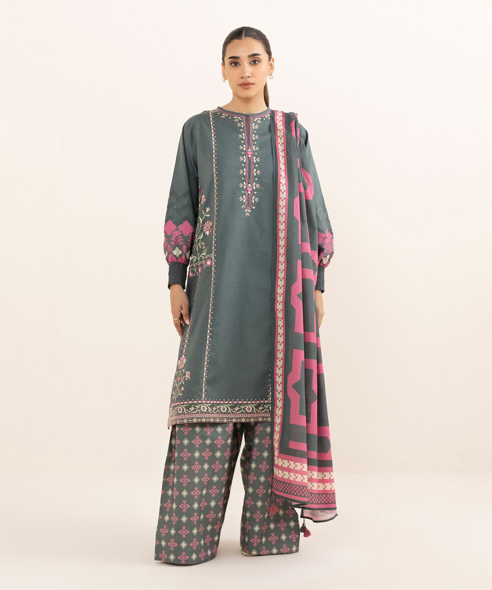 Women's Unstitched Lawn Embroidered Grey Three Piece Suit