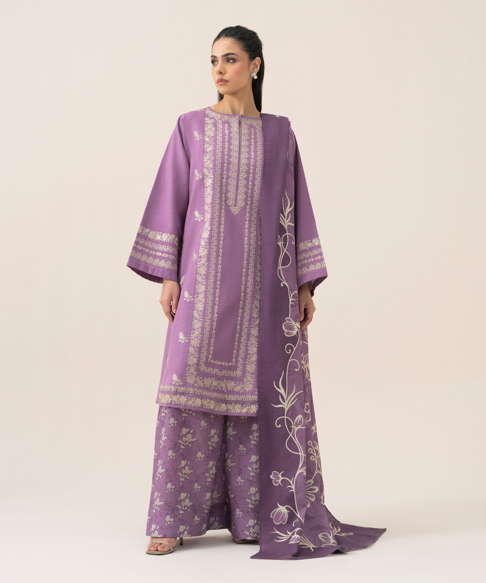 Women's Unstitched Cotton Embroidered Mauve 3 Piece Suit
