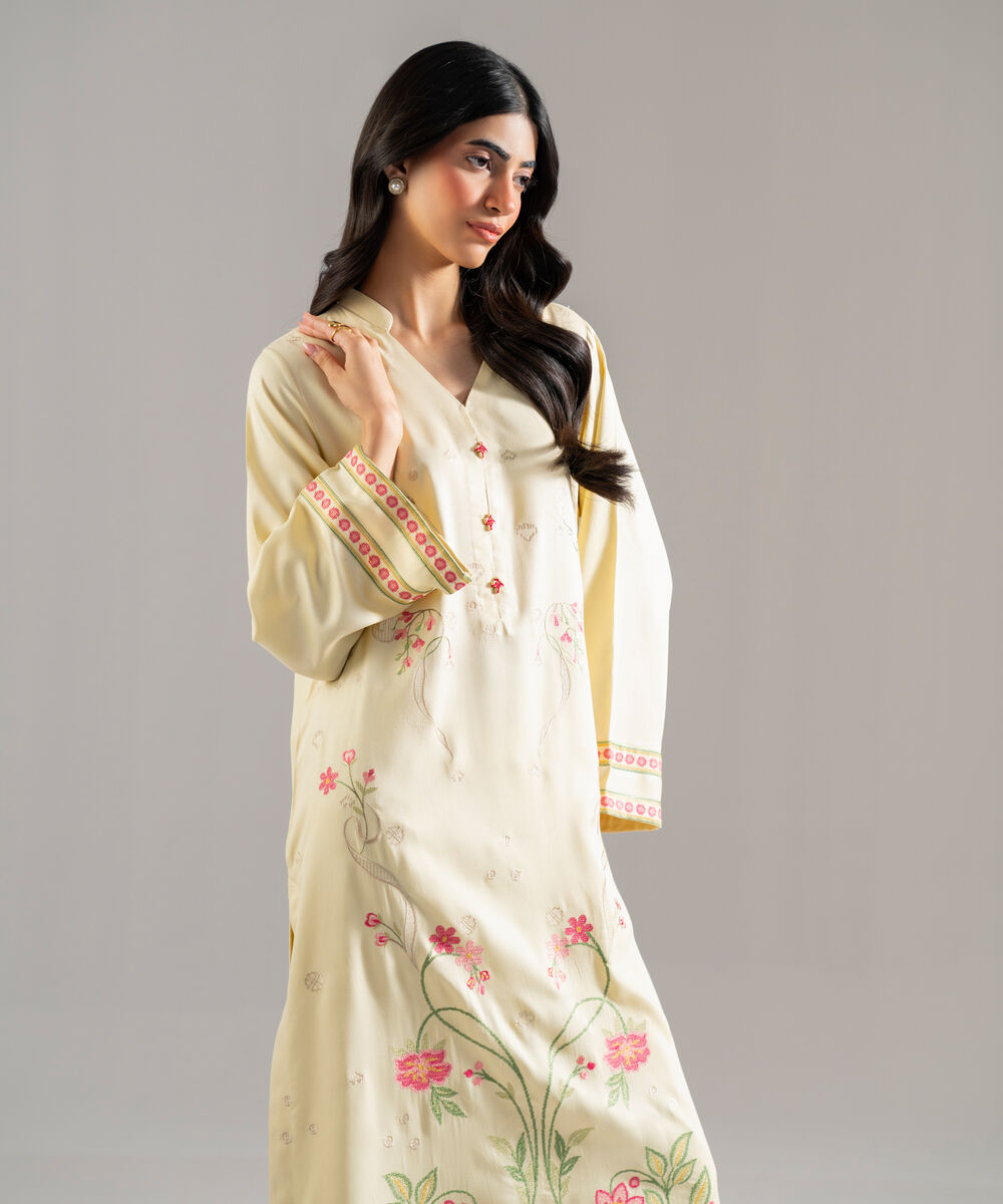 Women's RTW Bedford Solid Embroidered Off White Straight Shirt