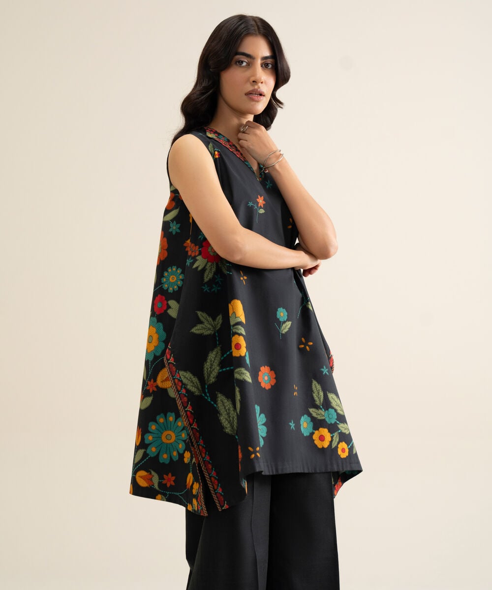 Women's Unstitched Cotton Printed Black 2 Piece Suit