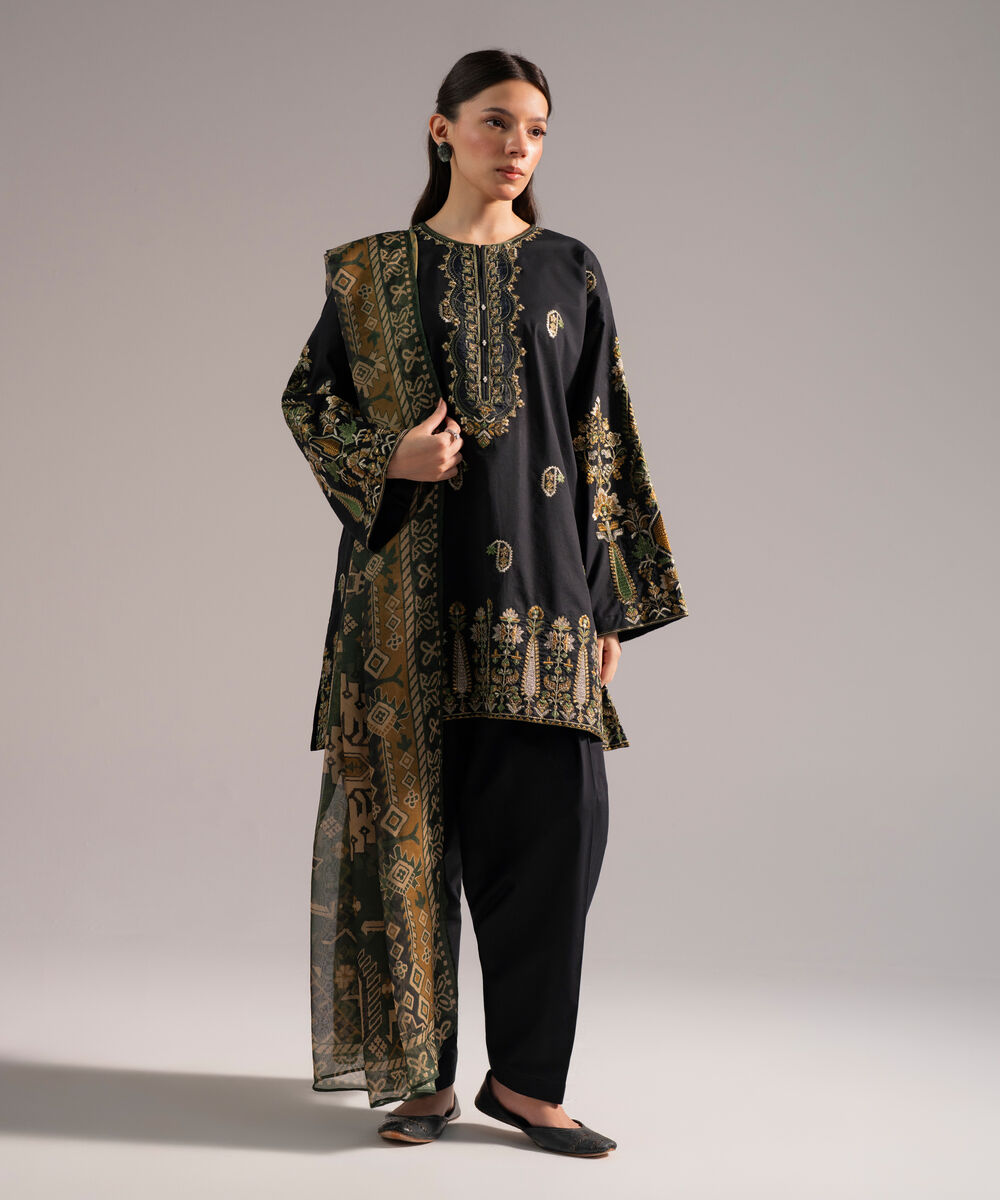 Women's RTW Lawn Embroidered Black 3 Piece Suit