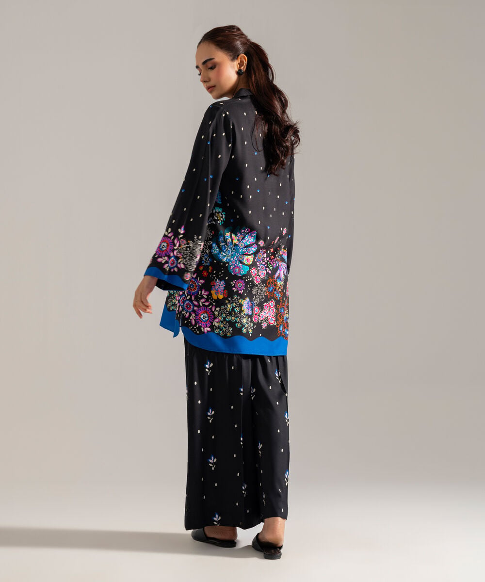 Women's RTW Printed Black Viscose Linen 2 Piece Suit