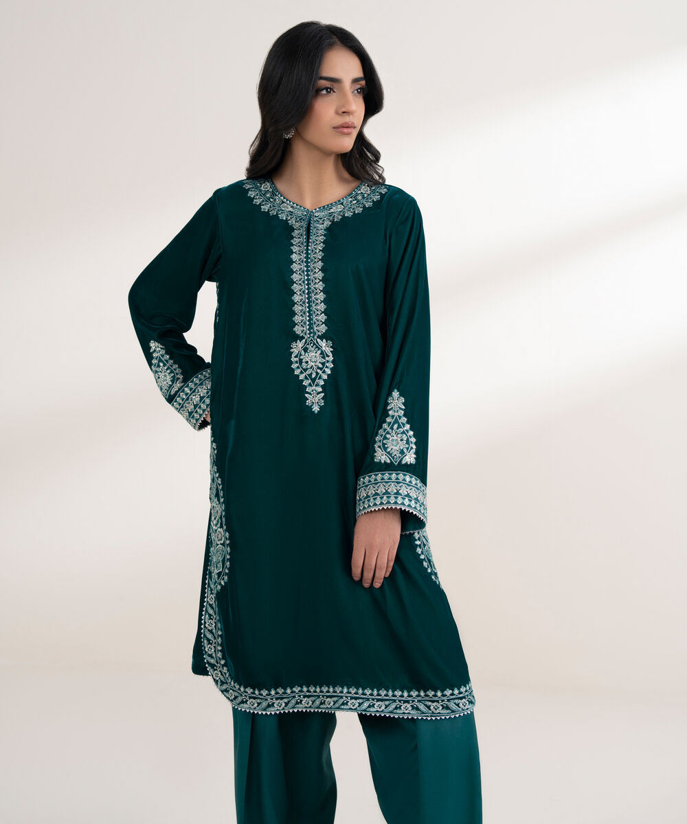 Women's RTW Velvet Embroidered Navy Blue Straight 2 Piece Suit