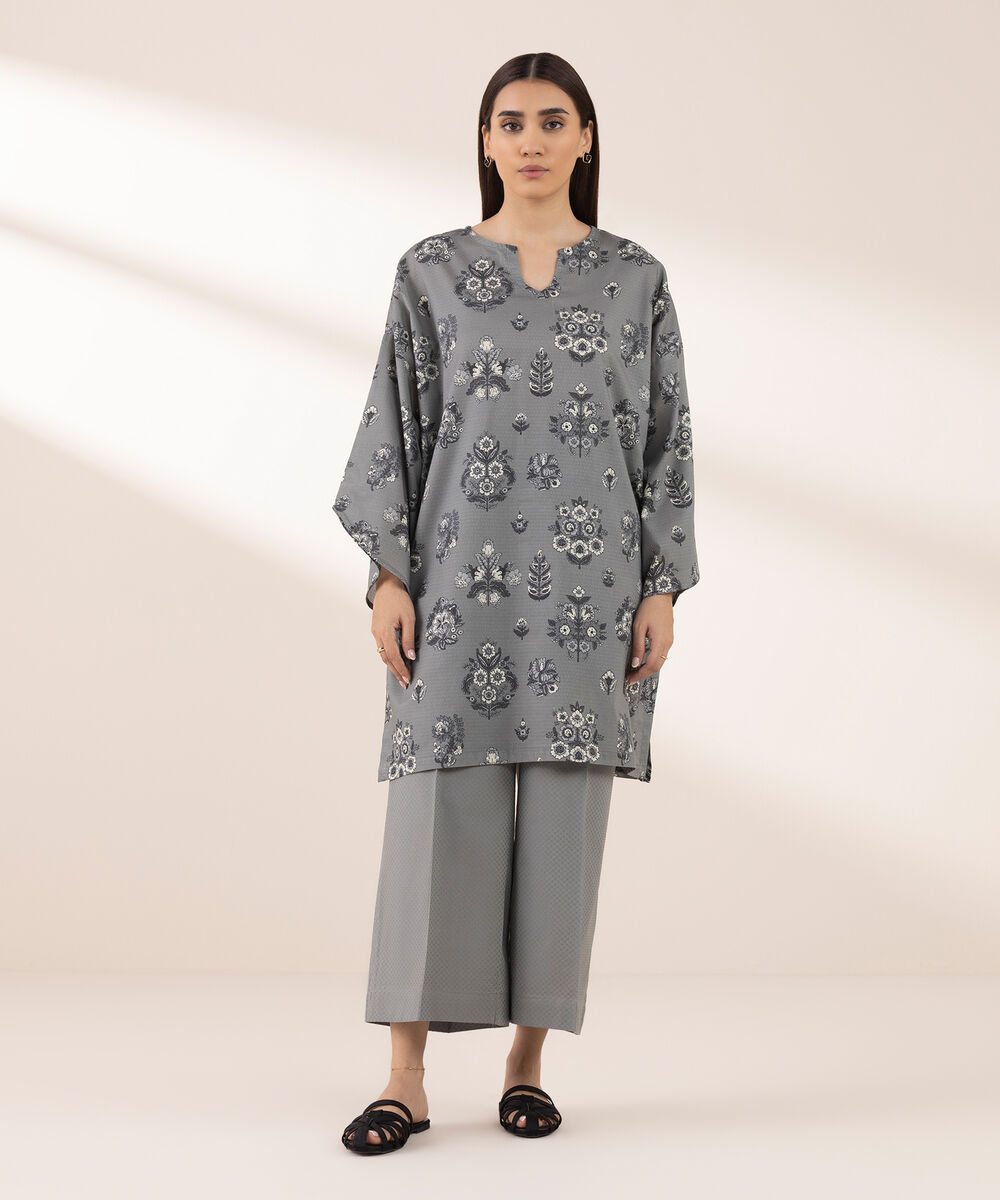 Women's RTW Dobby Grey Printed Boxy Shirt