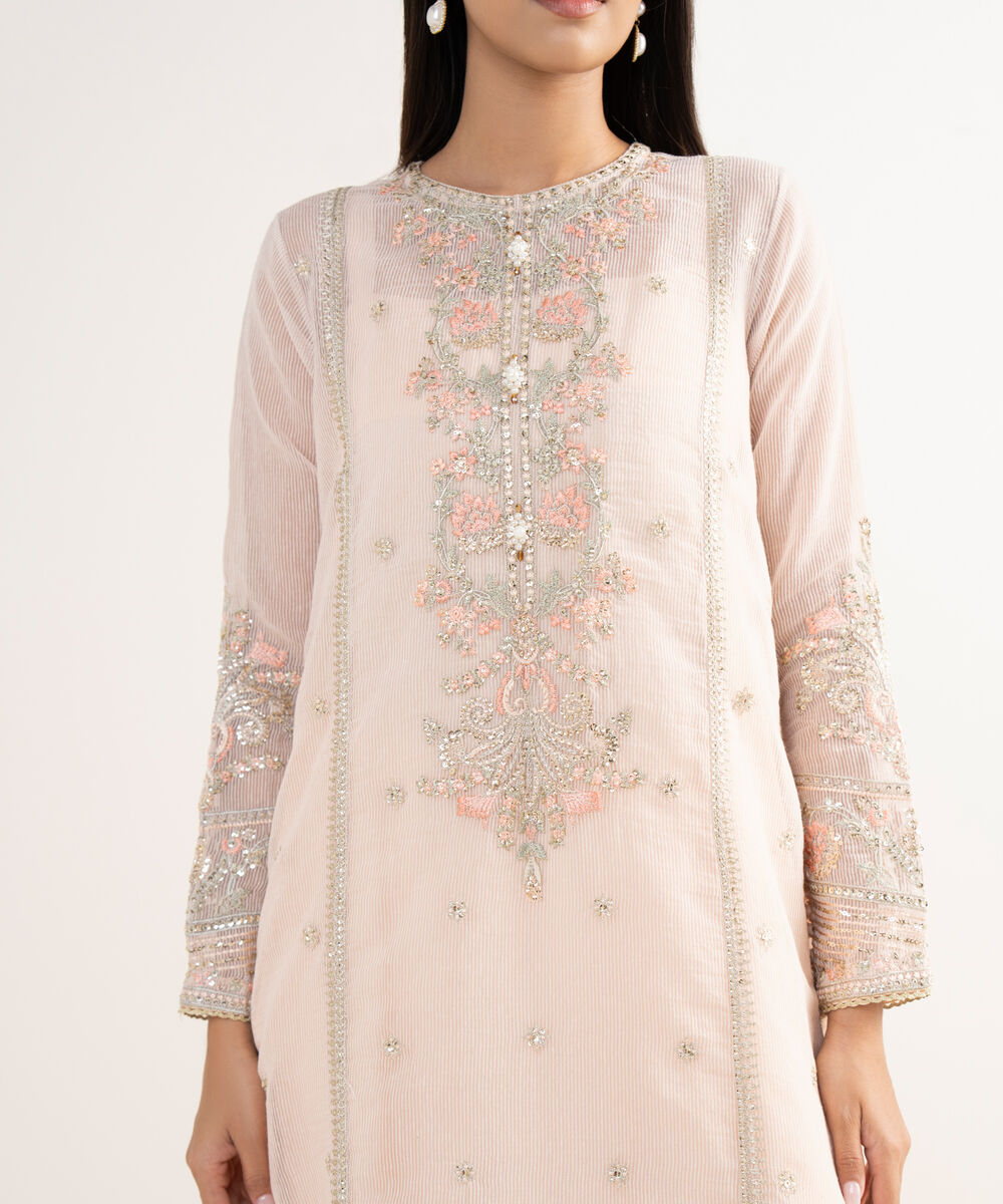 Women's RTW Blended Textured Karandi Peach Embroidered 2 Piece Suit