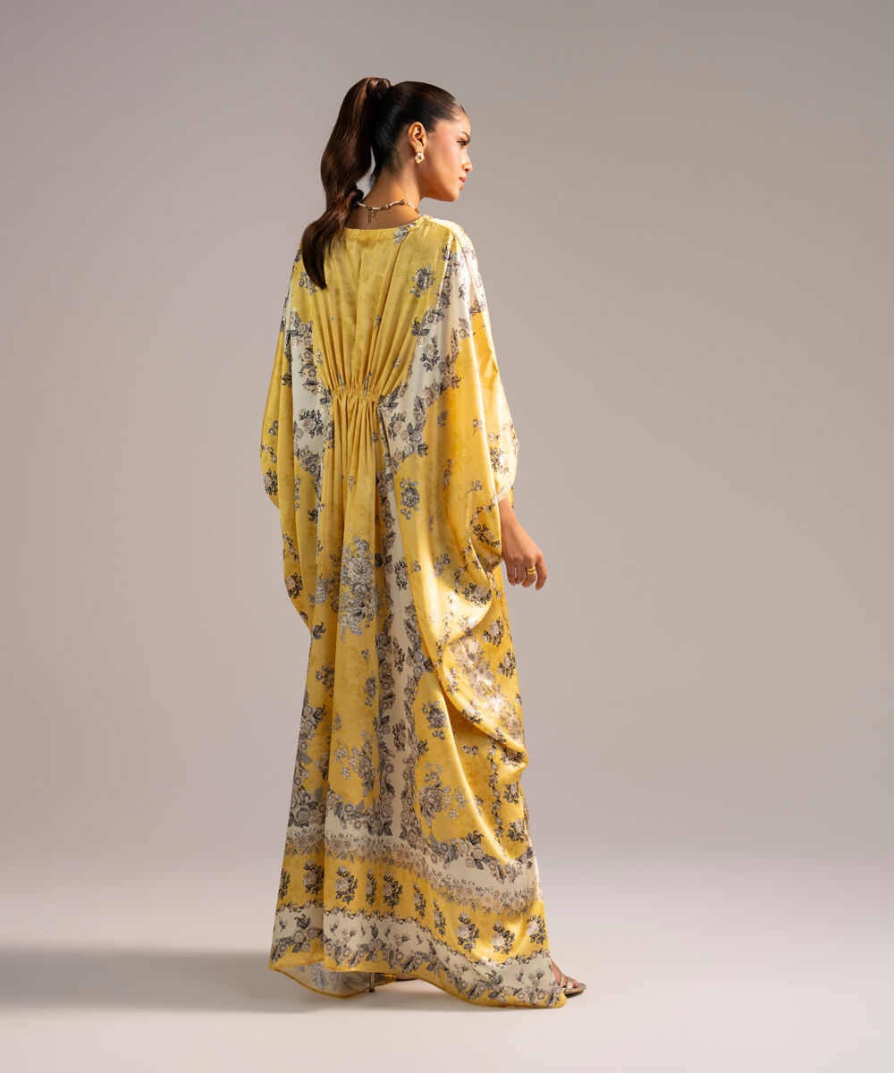 Women's RTW Blended Satin Printed Yellow Kaftan