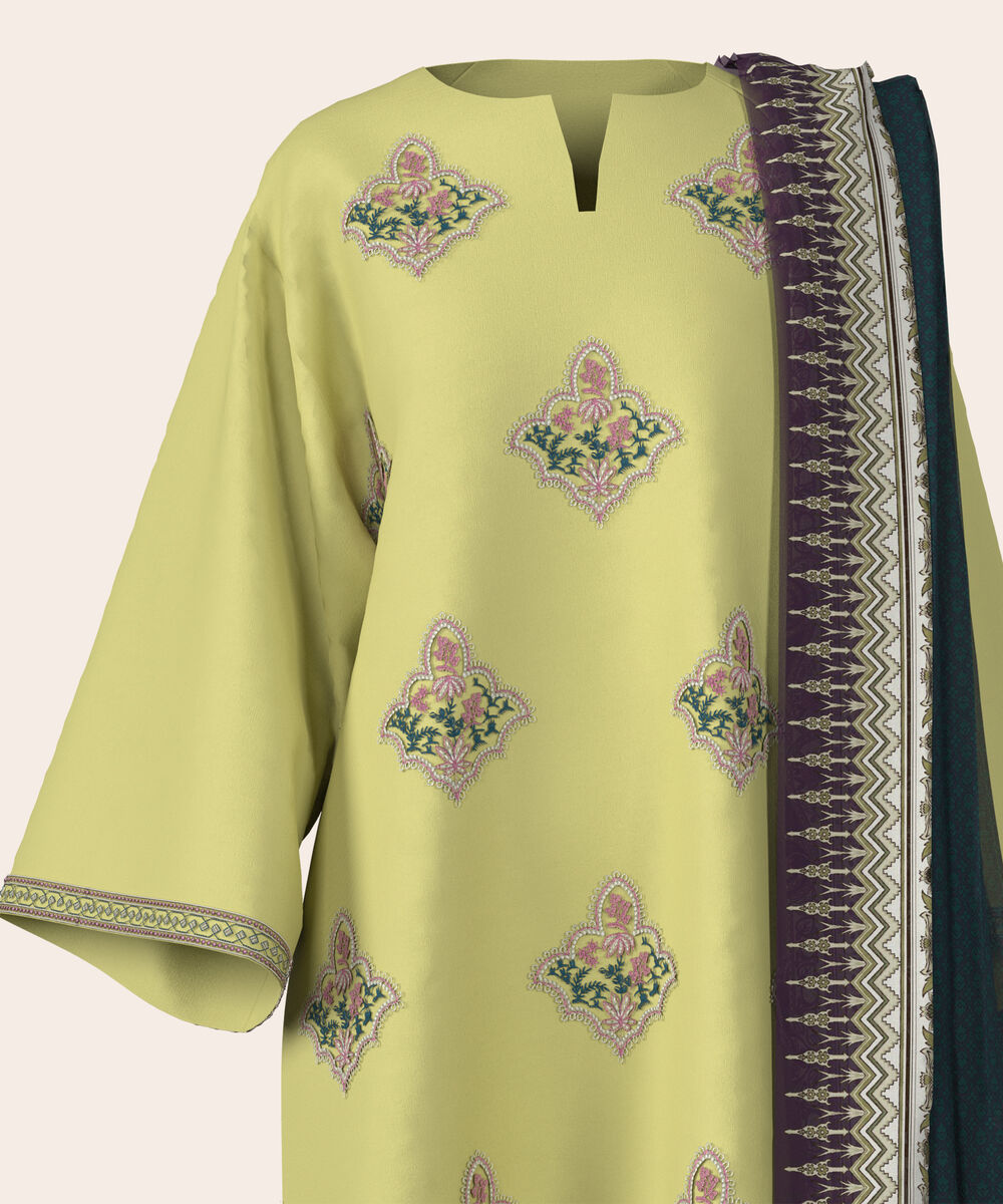 Women's Unstitched Lawn Light Yellow  Embroidered 3 Piece Suit