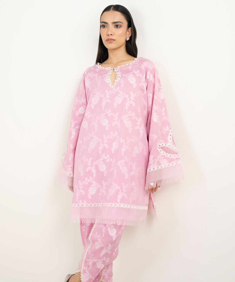 Women's RTW Extra Weft Jacquard Embroidered Pink 2 Piece Suit