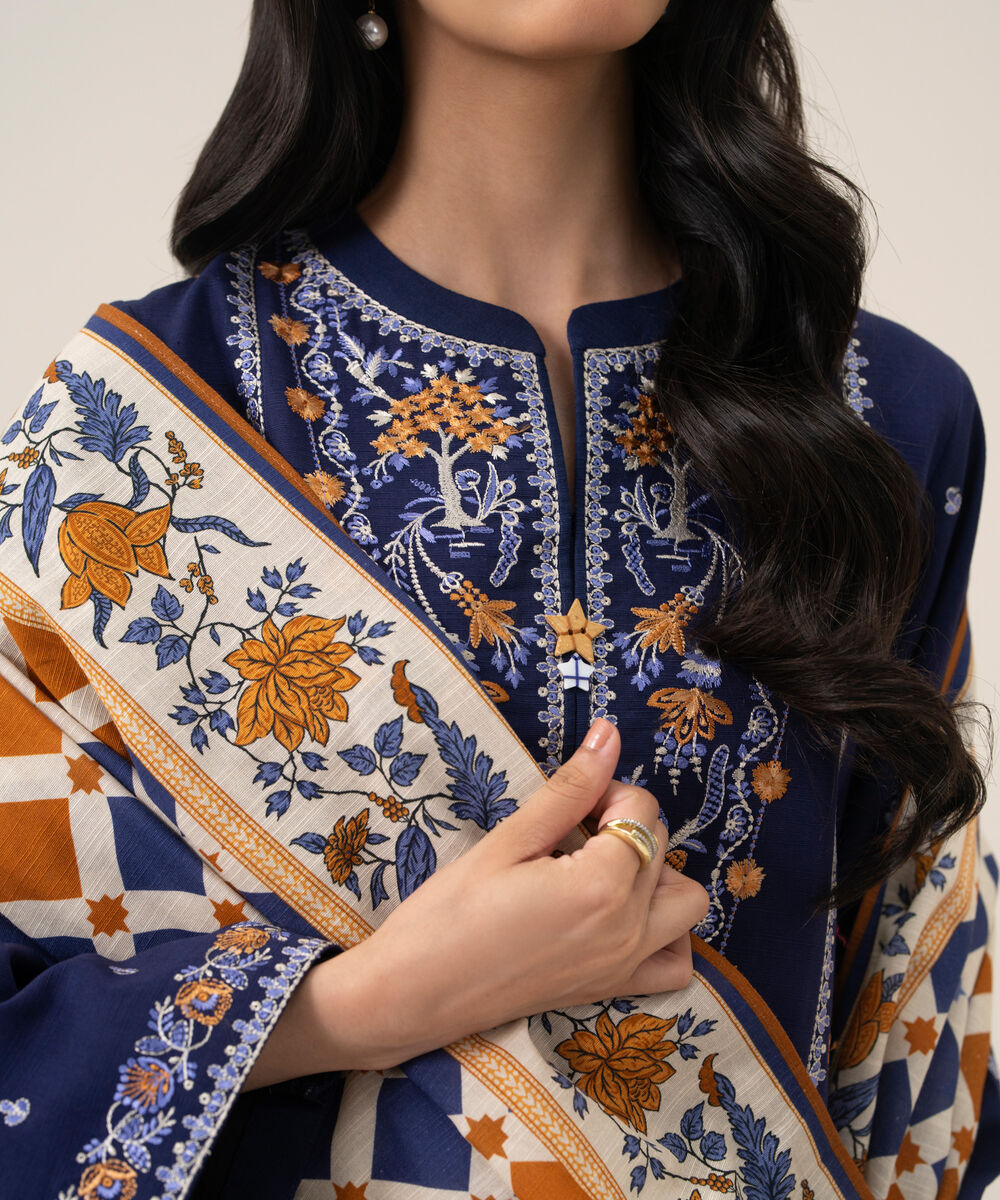Women's Unstitched Cotton Embroidered Blue 3 Piece Suit