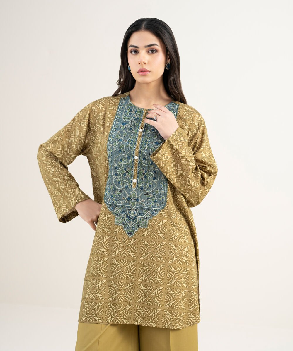 Women's RTW Arabic Cambric Embroidered Olive Green Straight Shirt