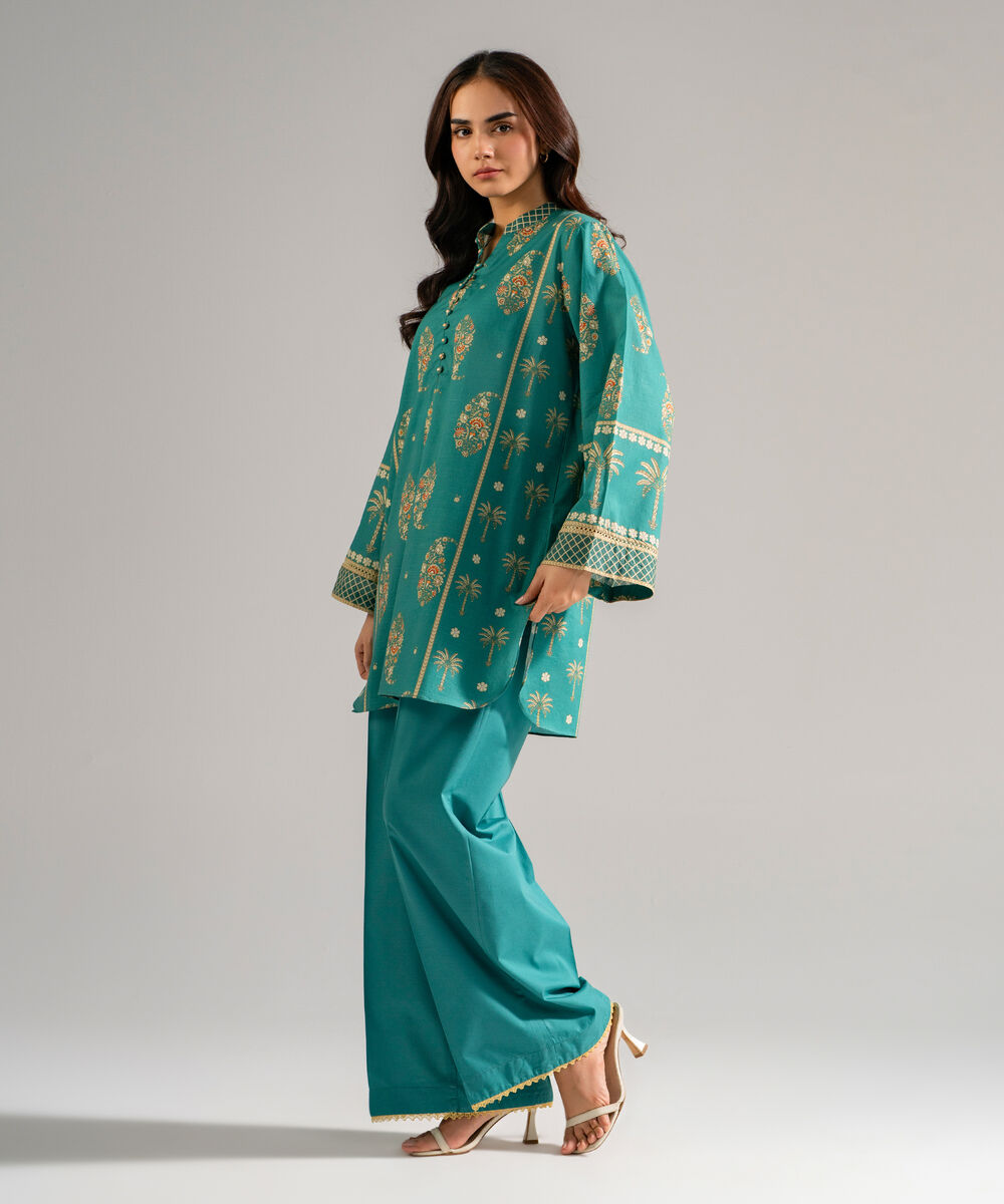 Women's RTW Slub Lawn Printed Green Straight Shirt