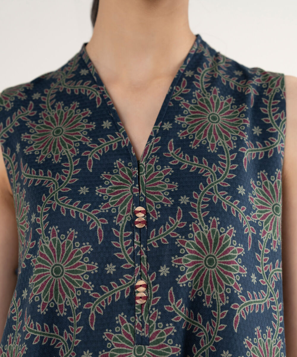 Women's Unstitched Printed Dobby Dark Blue 3 Piece Suit