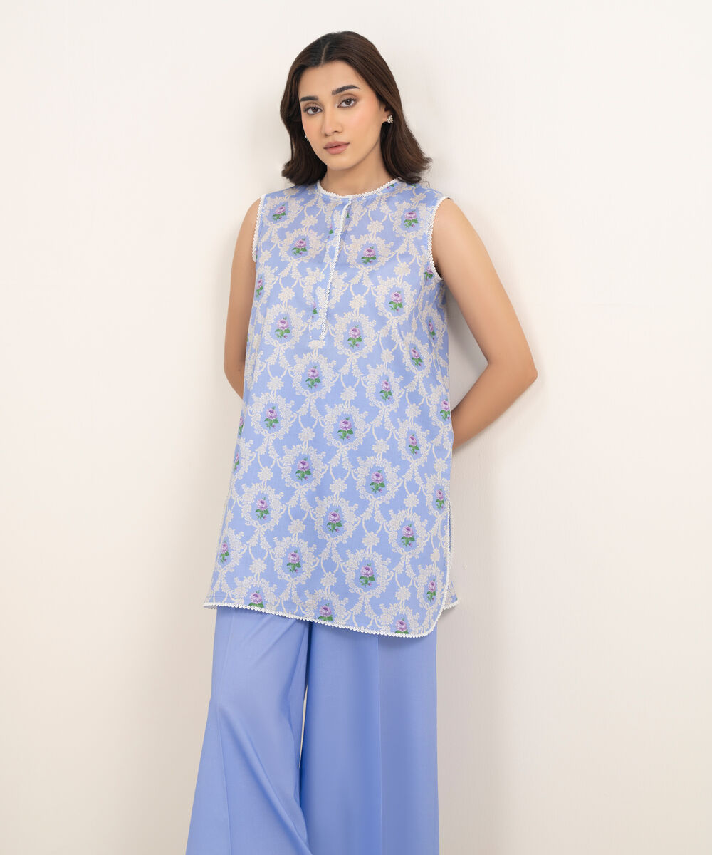 Women's RTW Lawn Printed Blue Straight Shirt