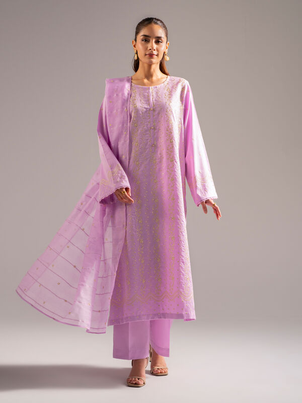 3 Piece - Embroidered Cotton Satin Suit