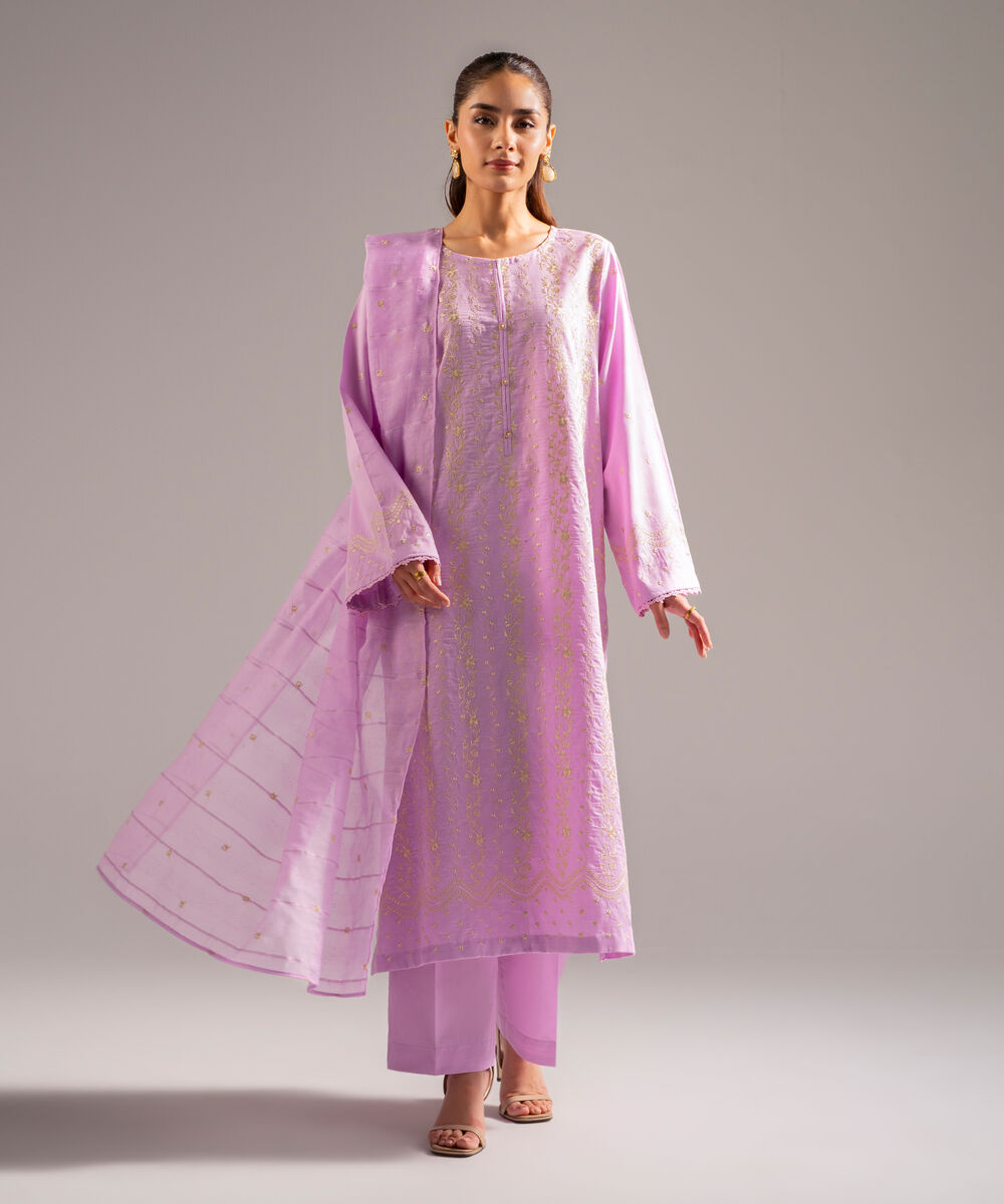 Women's RTW Cotton Satin Embroidered Lilac 3 Piece Suit