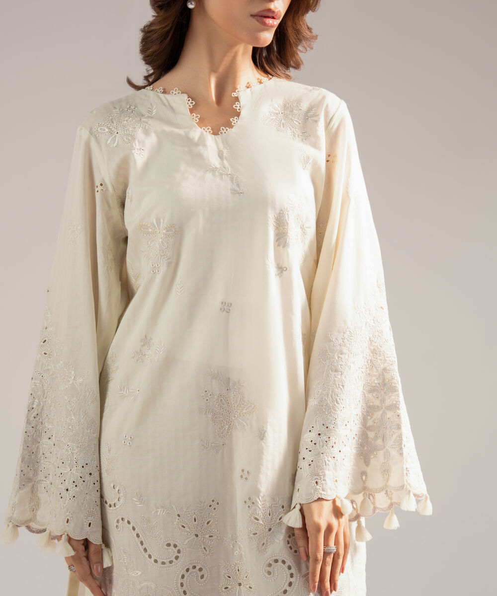 Women's RTW Textured Cotton Embroidered Off White 2 Piece Suit