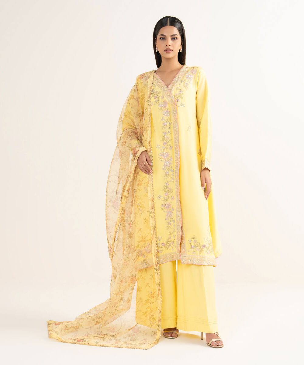 Women's RTW Raw Silk Yellow Embroidered 3 Piece Suit