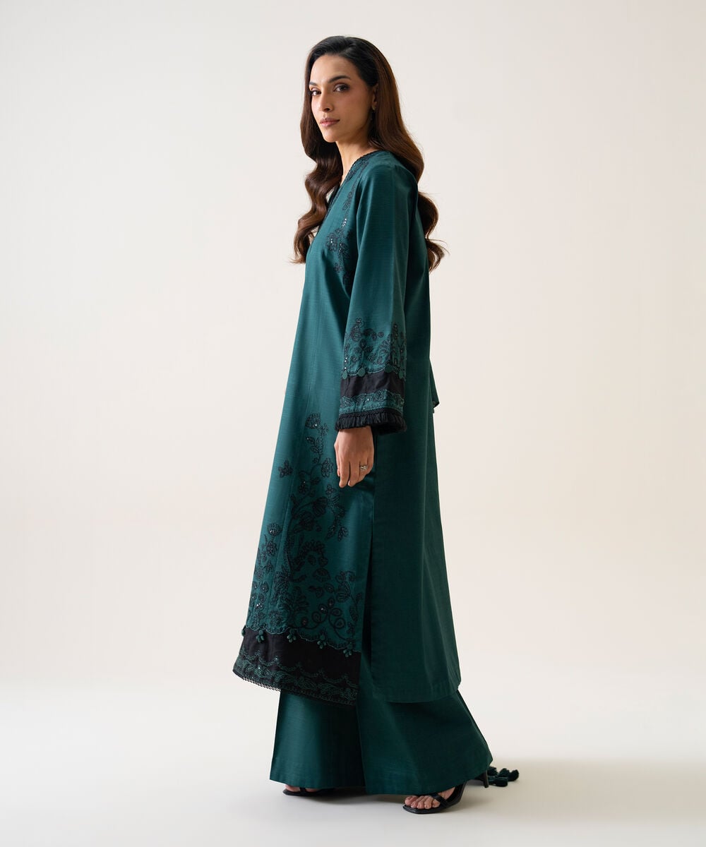 Women's Unstitched Light Khaddar Embroidered Teal 3 Piece Suit