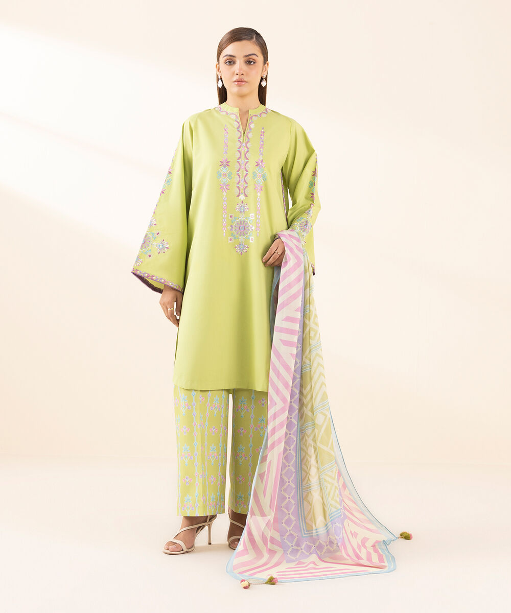 Women's Unstitched Lawn Embroidered Green 3 Piece Suit