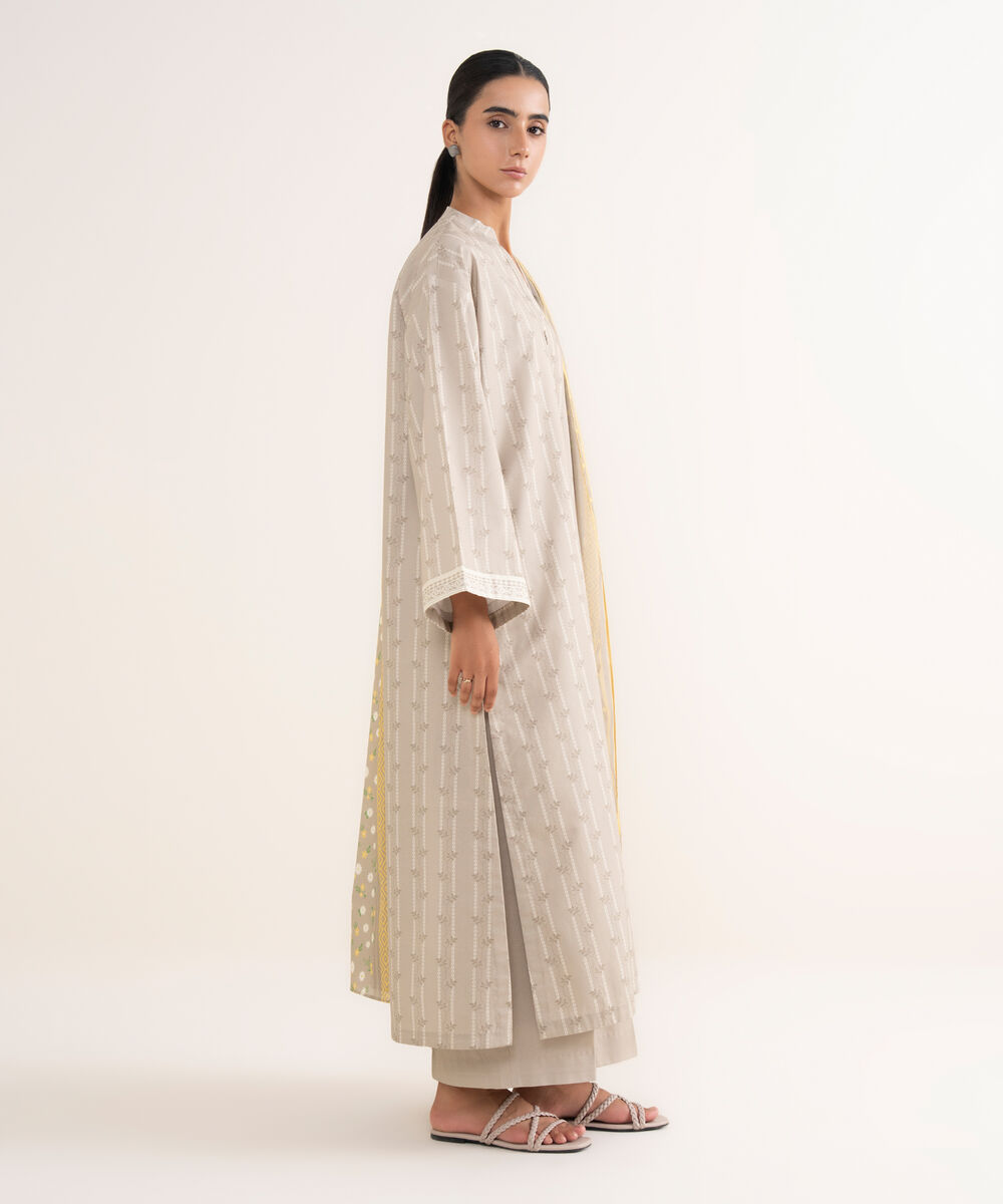 Women's Unstitched Cotton Printed Grey 3 Piece Suit