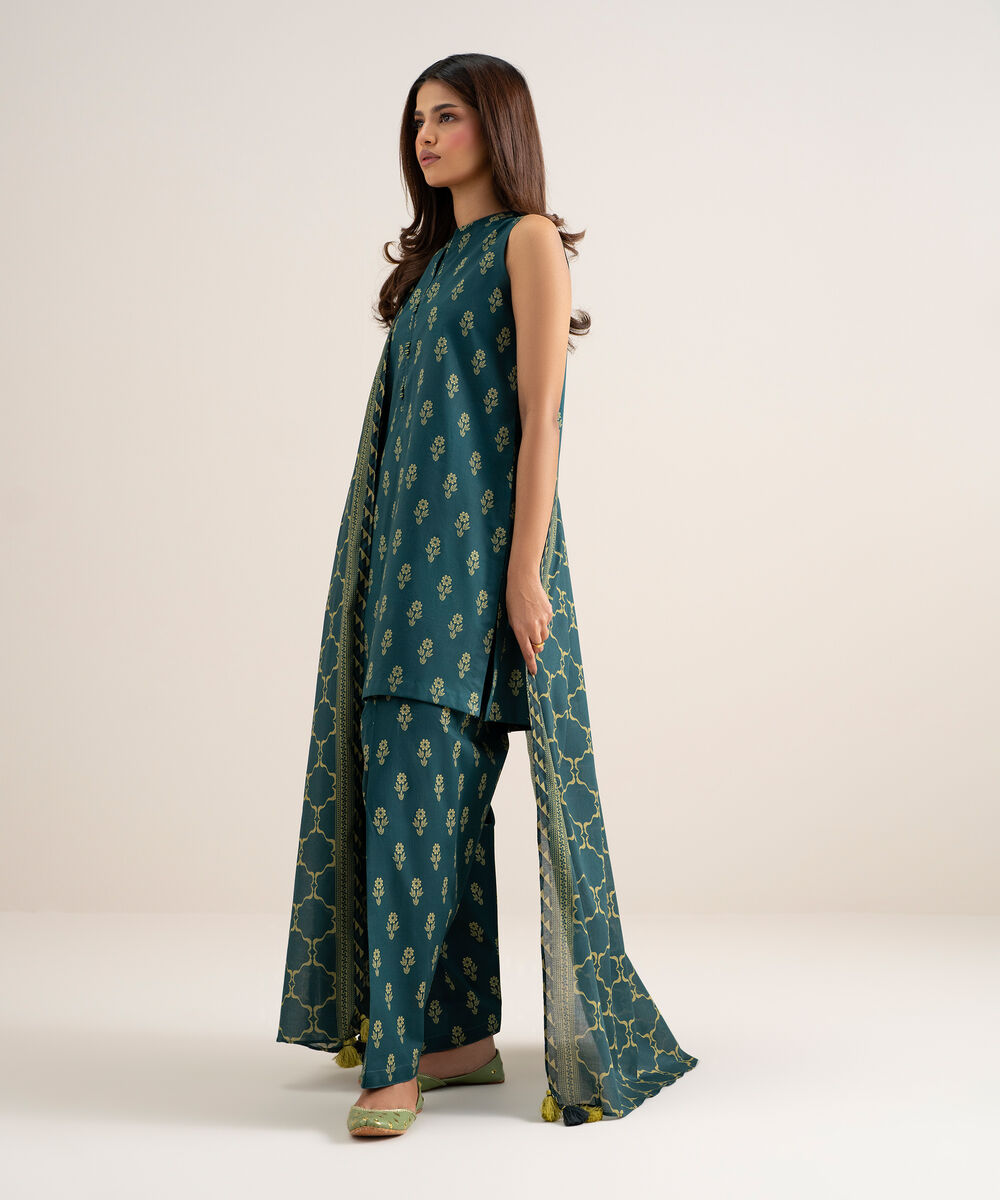 Women's Unstitched Lawn Printed Teal Blue 3 Piece Suit