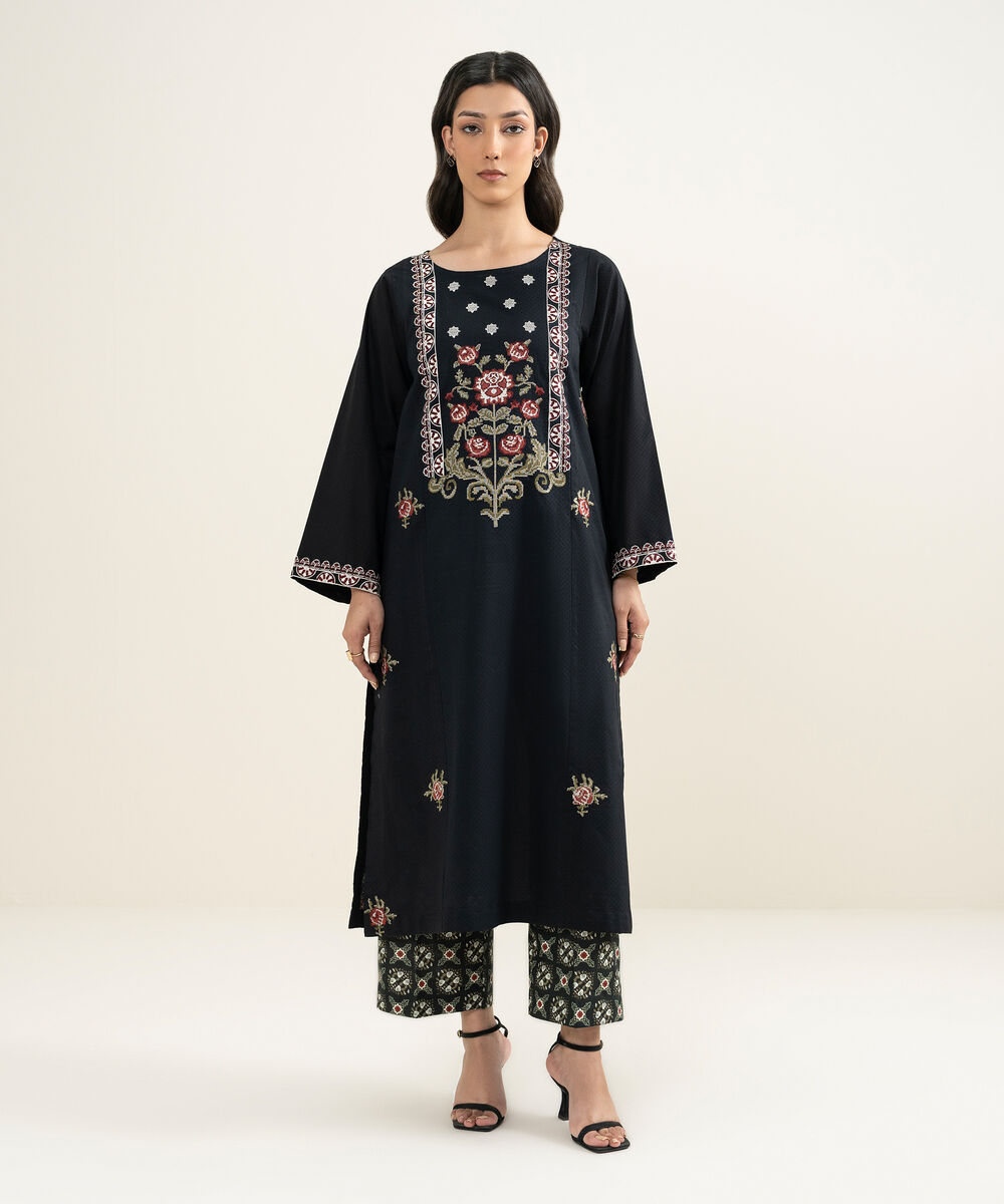 Women's RTW Dobby Embroidered Black Straight Shirt