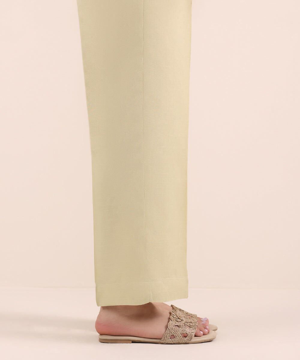 Woman - Beige Raw Silk Straight Pants