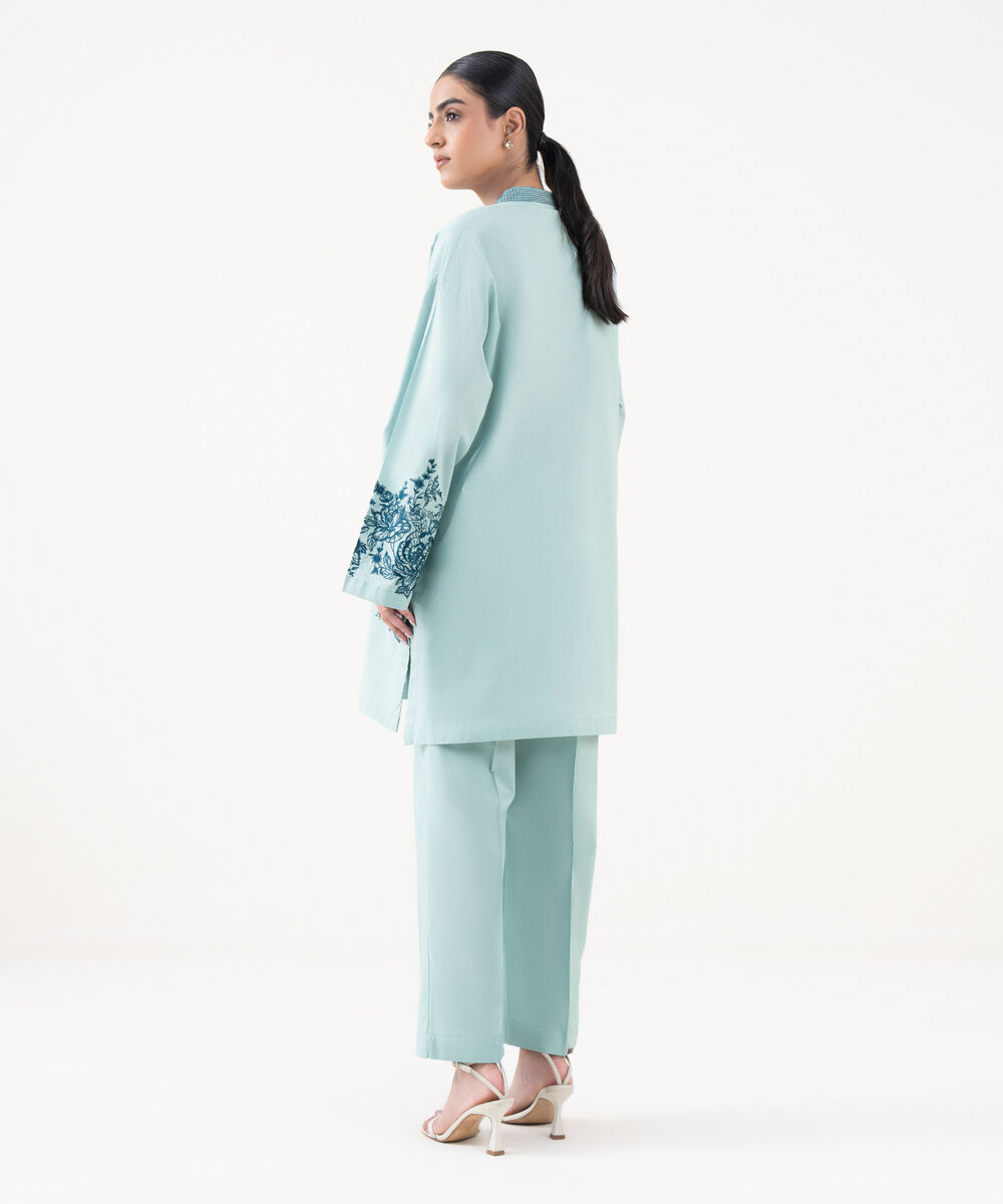 Women's RTW Textured Lawn Blue Embroidered A-Line Shirt