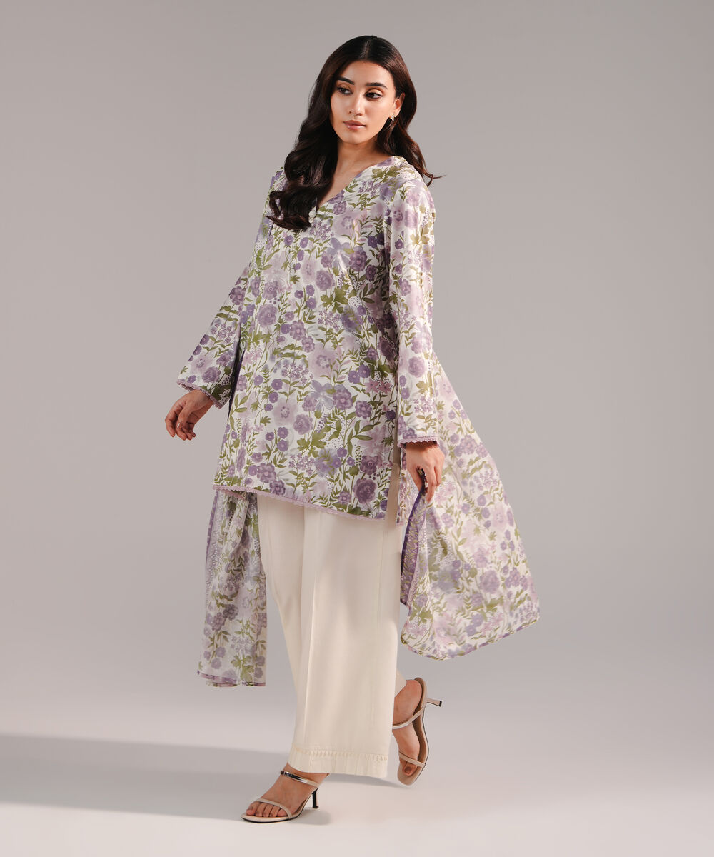 Women's RTW Cotton Viscose Printed Lavender 2 Piece Suit