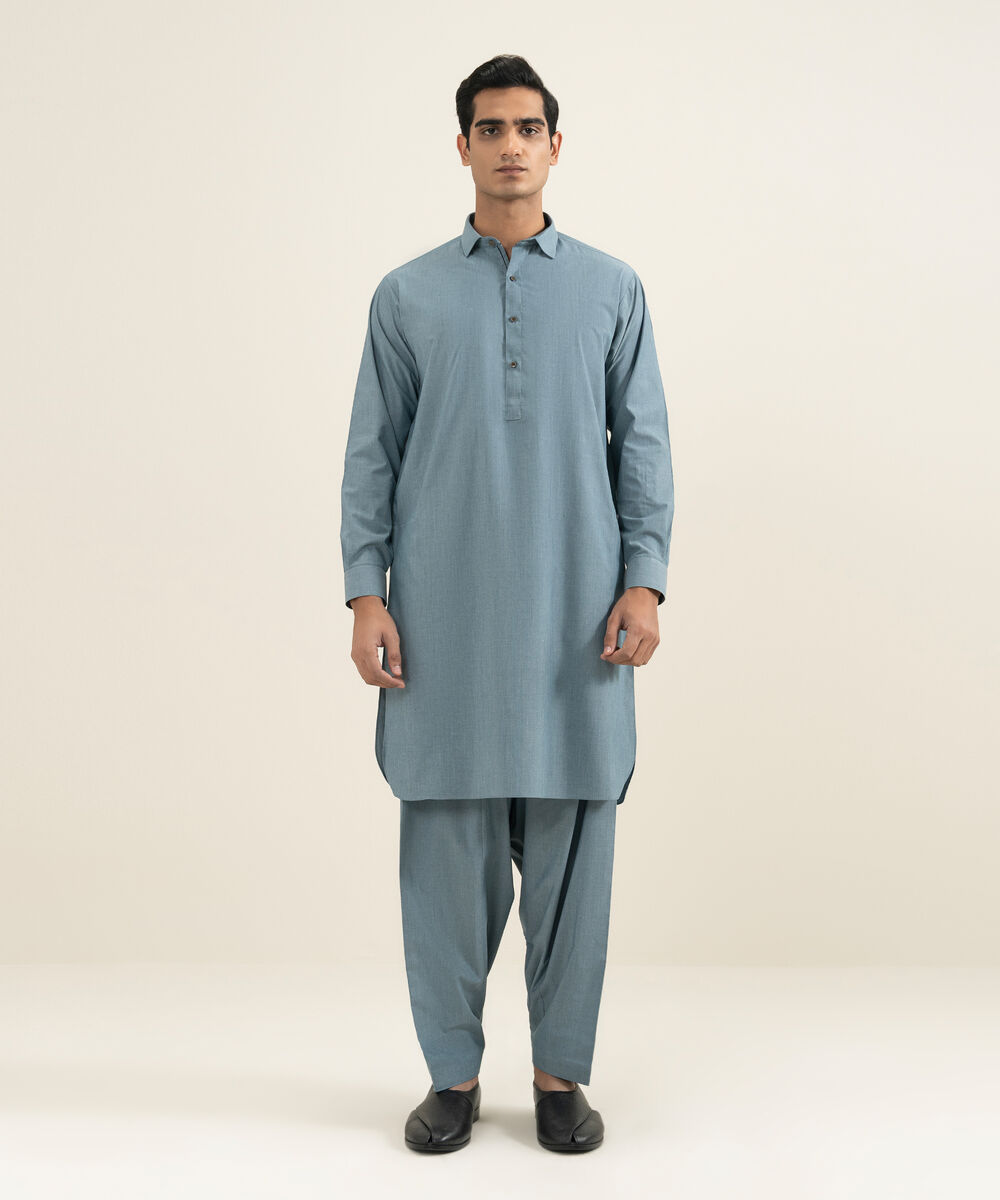 Men's blue Blended Yarn Dyed Kameez Shalwar