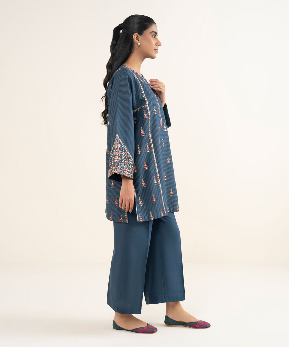 Women's RTW Light Khaddar Embroidered Straight Blue Shirt