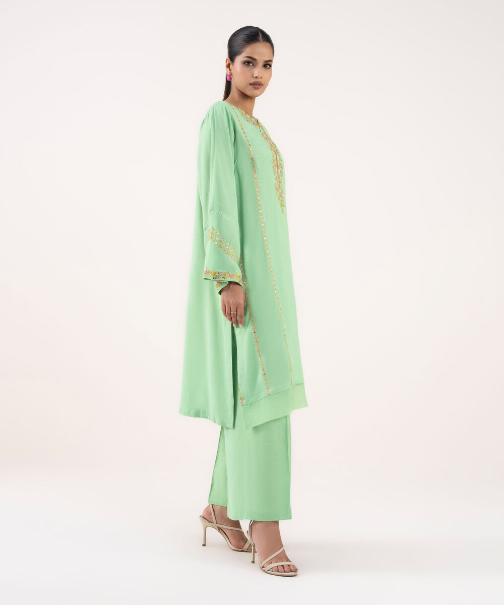 Women's RTW Viscose Raw Silk Mint Green Embroidered 2 Piece Suit